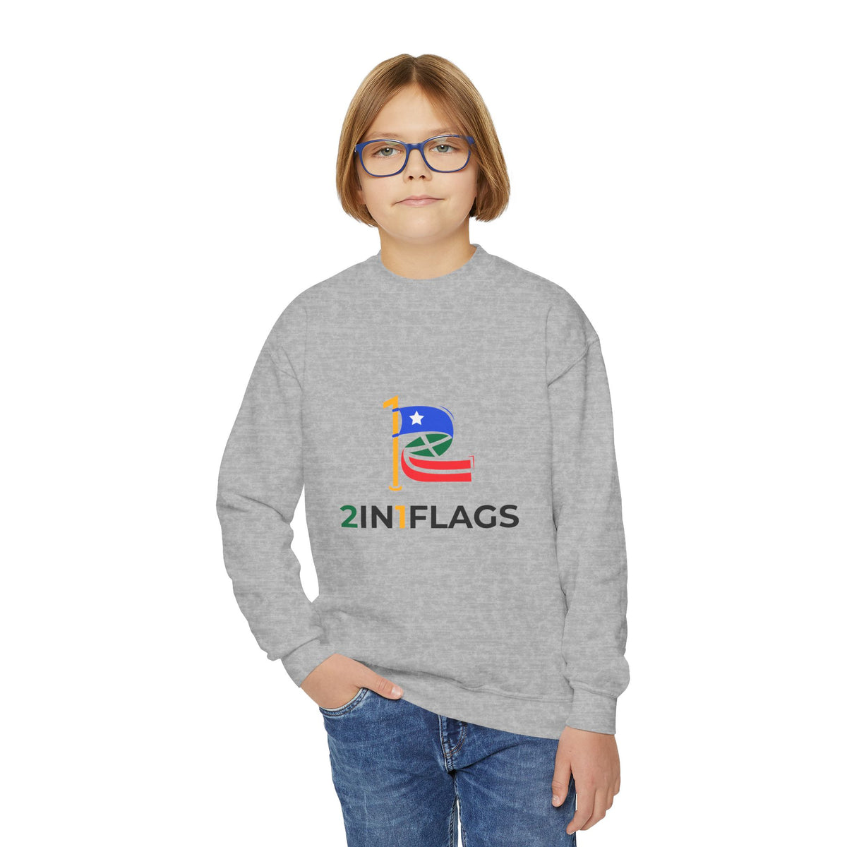 Custom 2in1 Flag Youth Crewneck Sweatshirt with custom dual flag design
