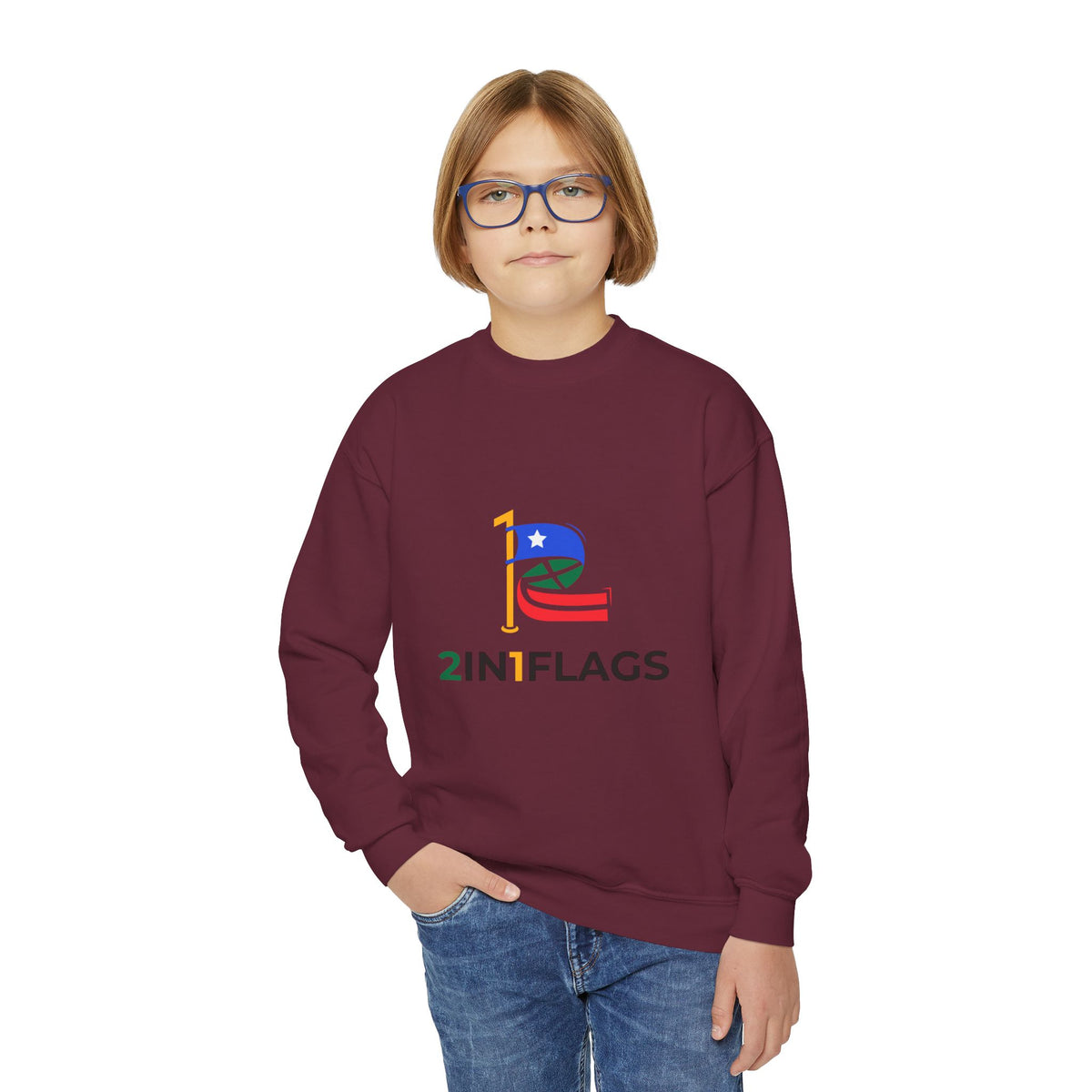 Custom 2in1 Flag Youth Crewneck Sweatshirt with custom dual flag design