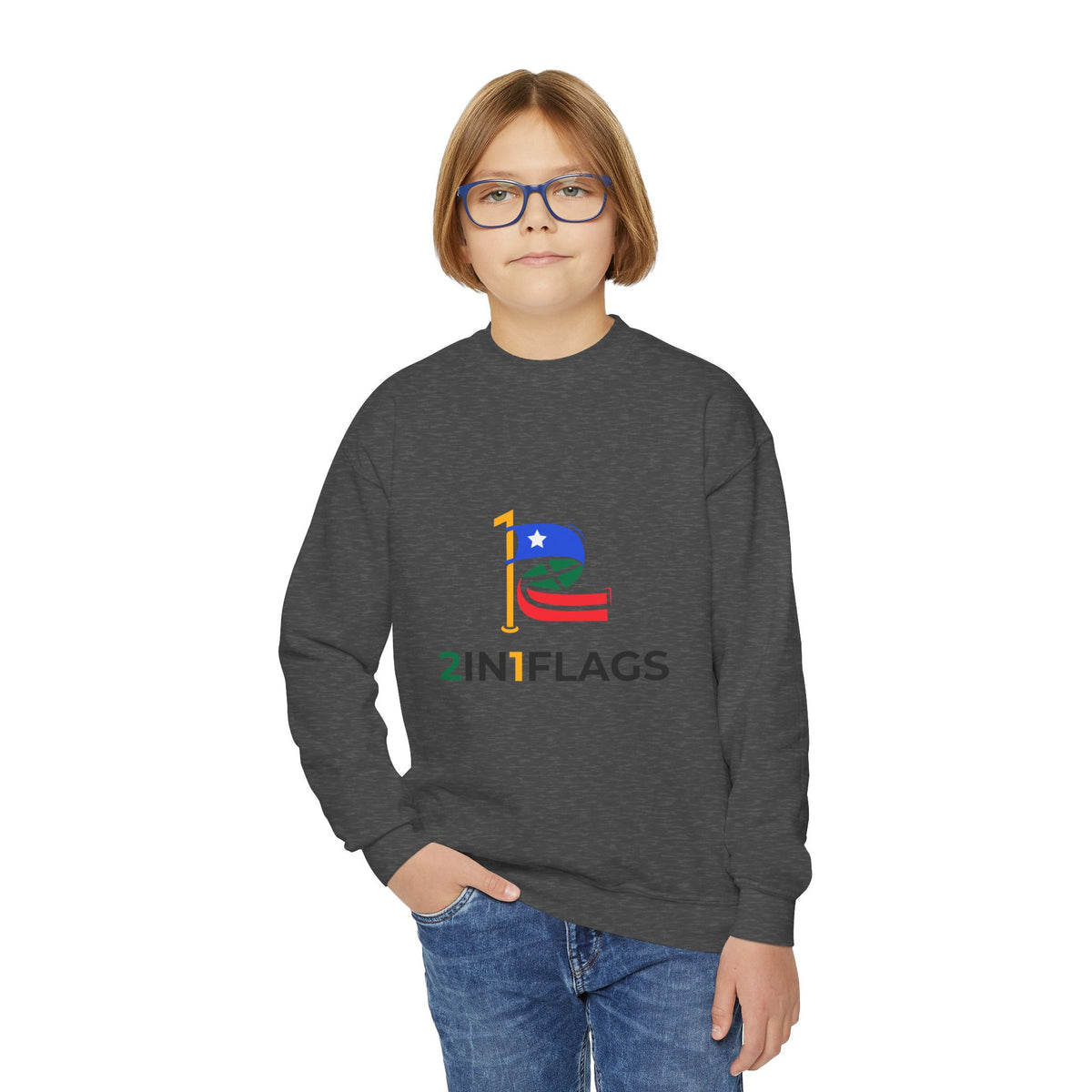 Custom 2in1 Flag Youth Crewneck Sweatshirt with custom dual flag design