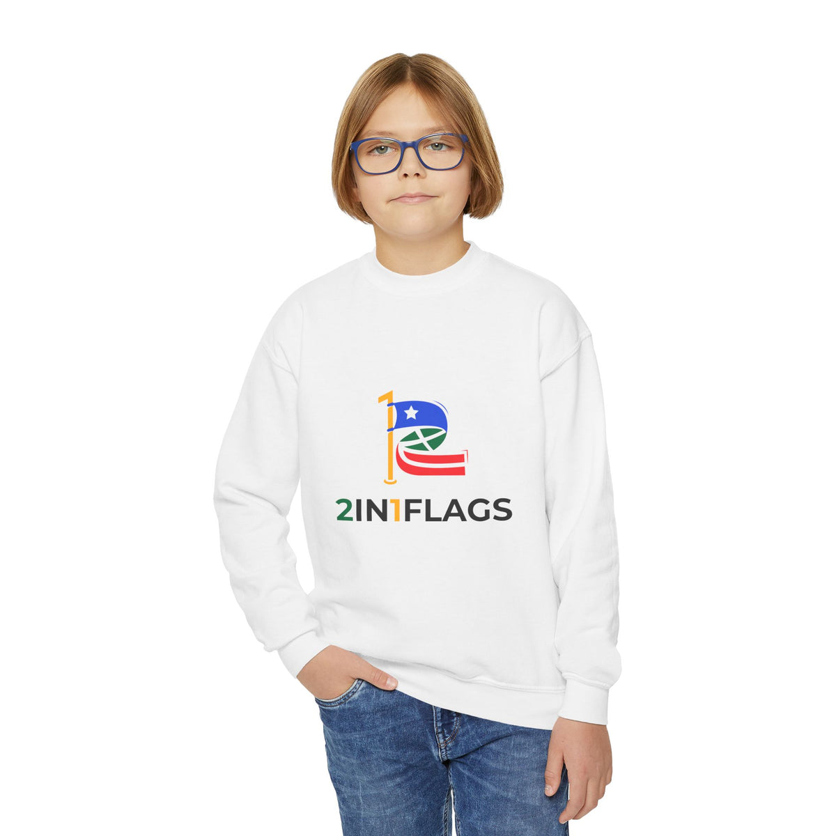 Custom 2in1 Flag Youth Crewneck Sweatshirt with custom dual flag design